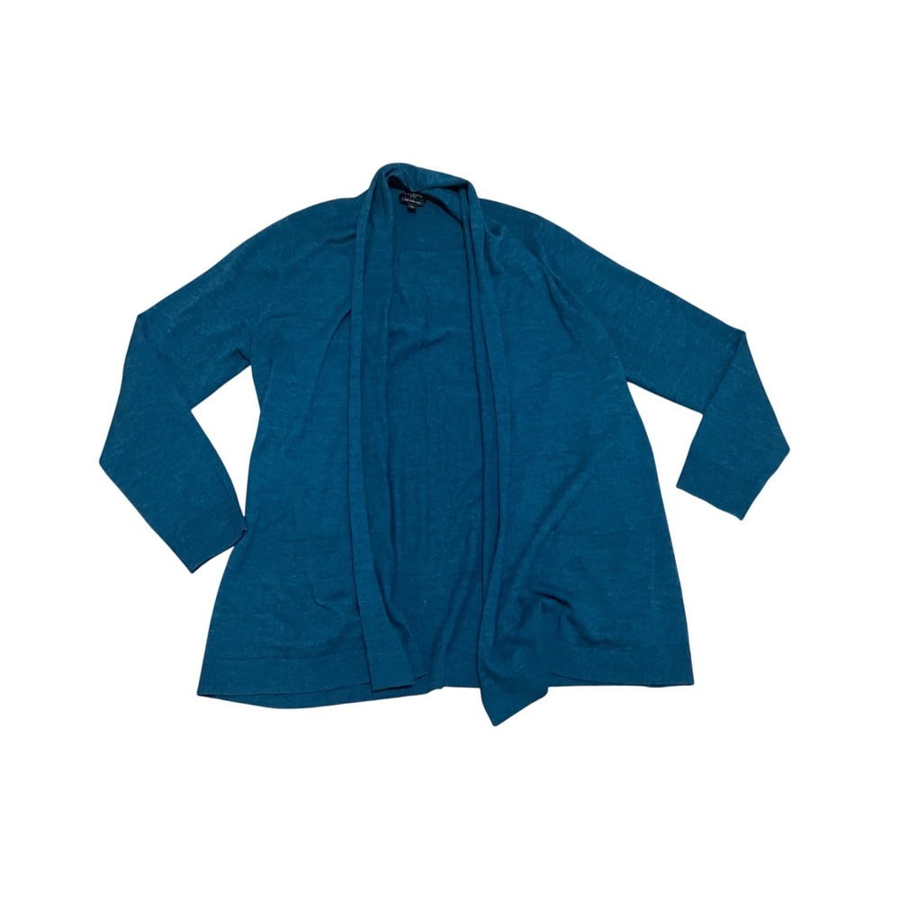 Talbots Lg Petite Teal Blue Light Merino Wool Open Front Cardigan Sweater Airy